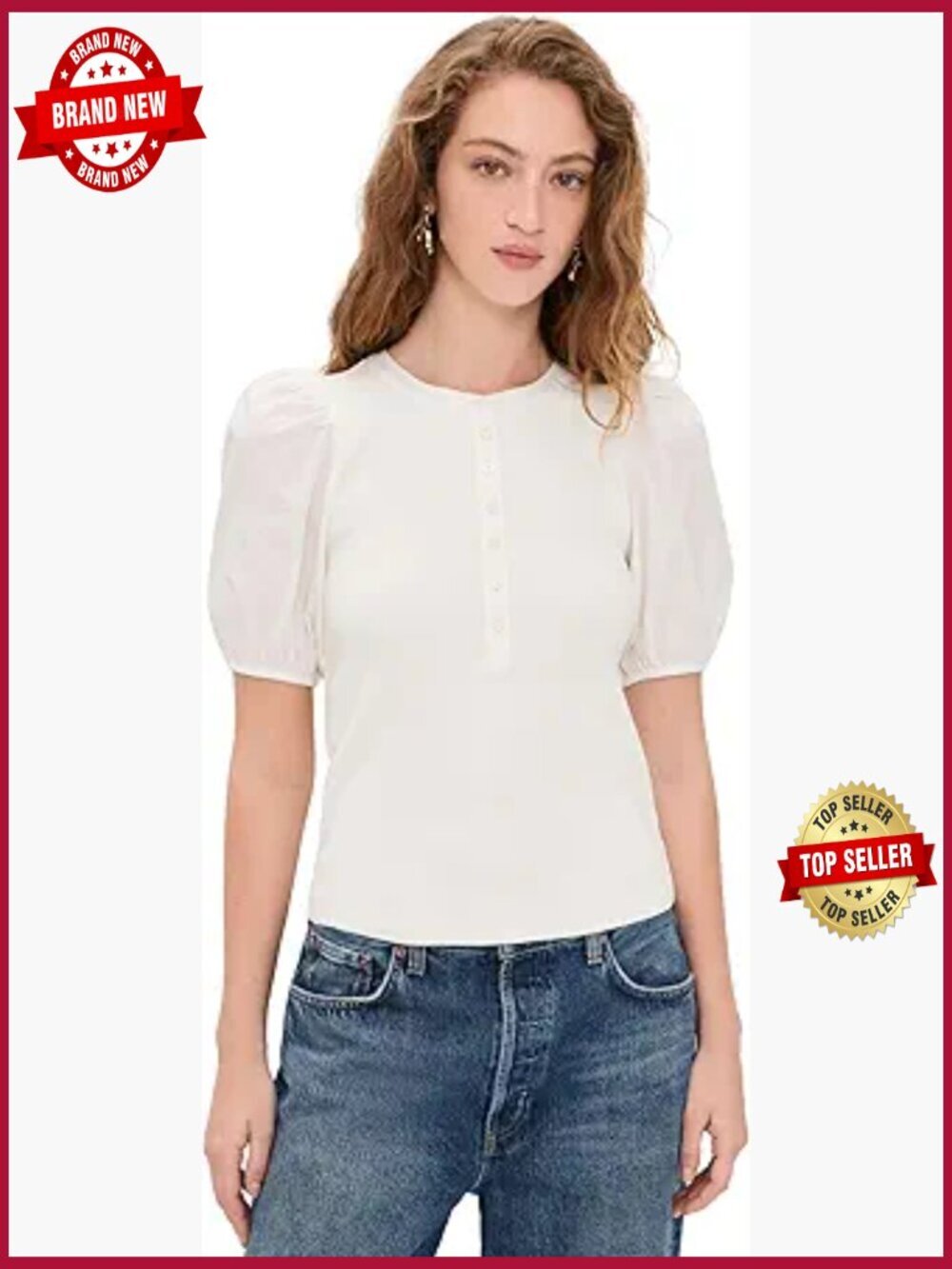 Women's White Cotton Blend Puff Sleeve Crew Neck T-Shirt